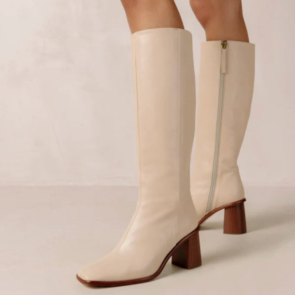 Alohas Cream Leather Knee-high Boots With Block Heel